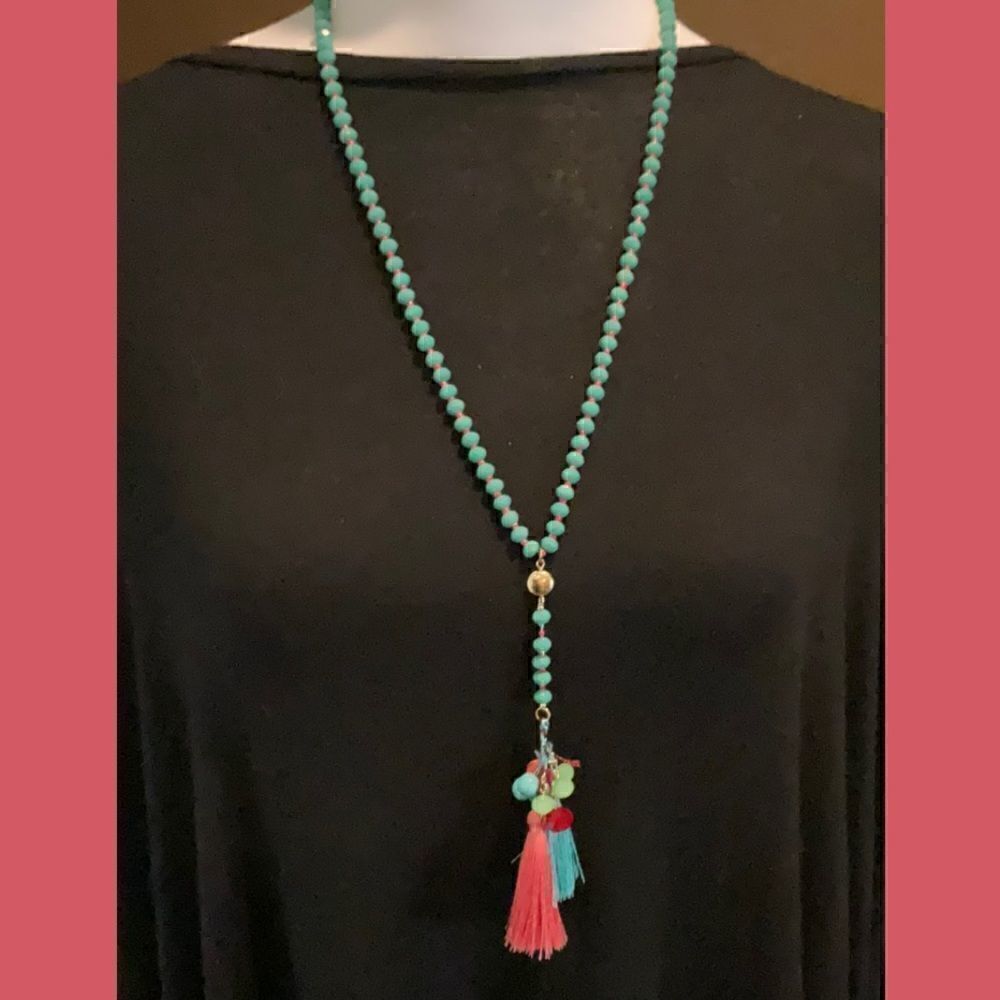 Turquoise Beaded Tassel Necklace